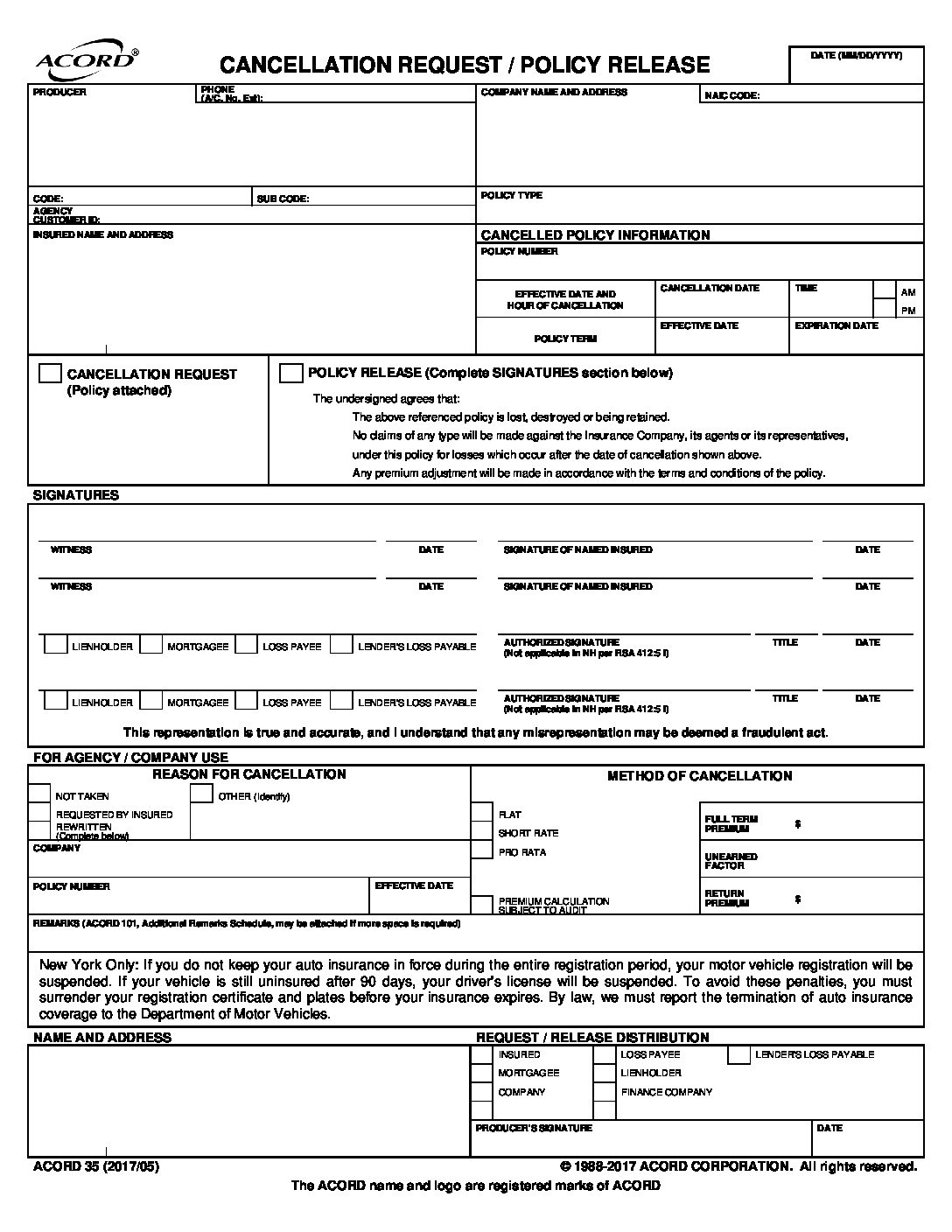 Acord Cancellation Form Fillable Printable Form Templates And Letter